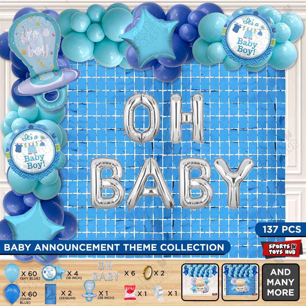 Pacifier Foil Balloon Set With Oh Baby Color Foil Letter Dark Blue & Sky Blue Latex Balloon Arch Theme - Pack Of 137