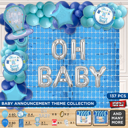 Pacifier Foil Balloon Set With Oh Baby Color Foil Letter Dark Blue & Sky Blue Latex Balloon Arch Theme - Pack Of 137
