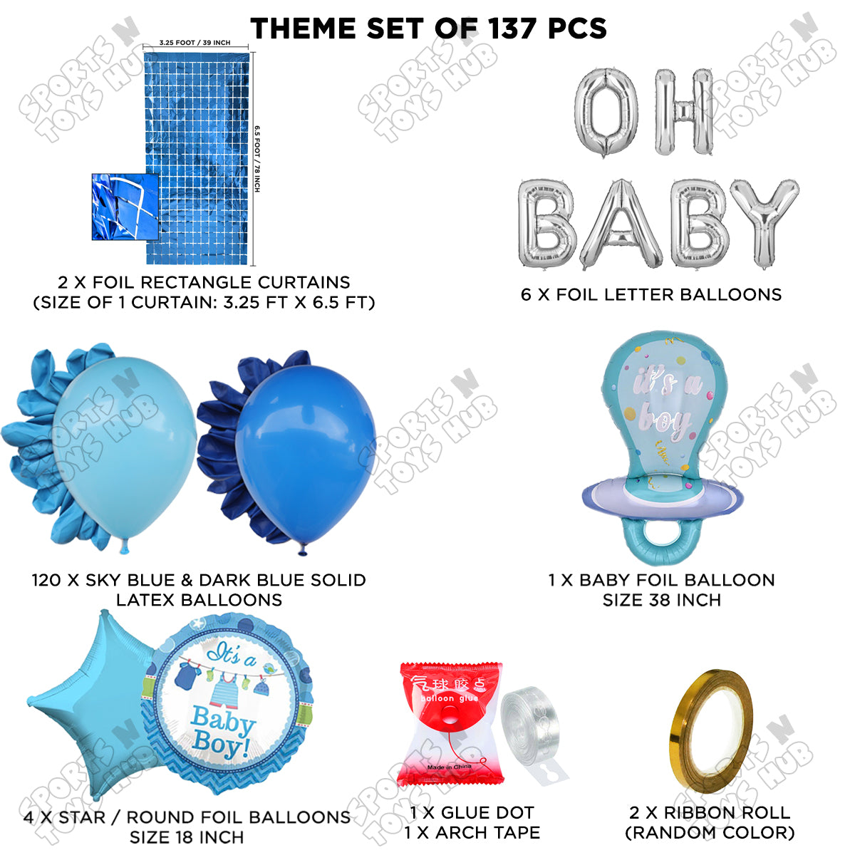 Pacifier Foil Balloon Set With Oh Baby Color Foil Letter Dark Blue & Sky Blue Latex Balloon Arch Theme - Pack Of 137
