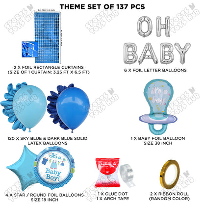 Pacifier Foil Balloon Set With Oh Baby Color Foil Letter Dark Blue & Sky Blue Latex Balloon Arch Theme - Pack Of 137