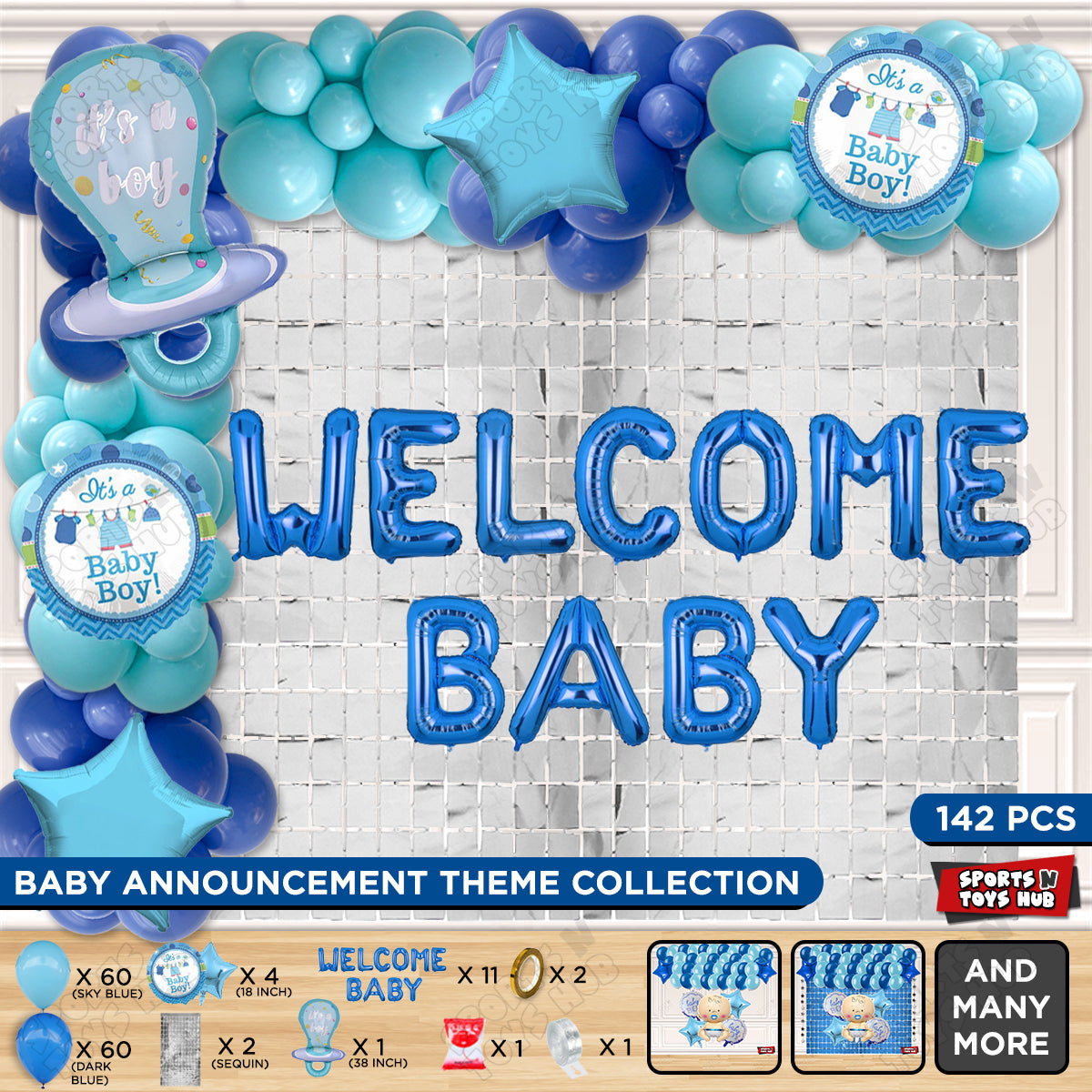 Pacifier Foil Balloon Set With Welcome Baby Foil Letter Dark Blue & Sky Blue Color Balloon Arch Theme - Pack Of 142