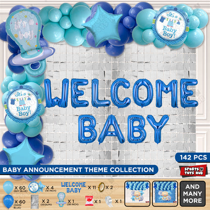 Pacifier Foil Balloon Set With Welcome Baby Foil Letter Dark Blue & Sky Blue Color Balloon Arch Theme - Pack Of 142