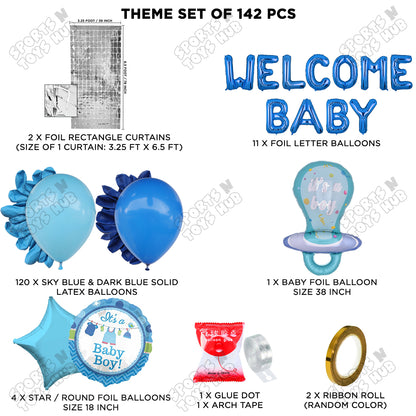 Pacifier Foil Balloon Set With Welcome Baby Foil Letter Dark Blue & Sky Blue Color Balloon Arch Theme - Pack Of 142