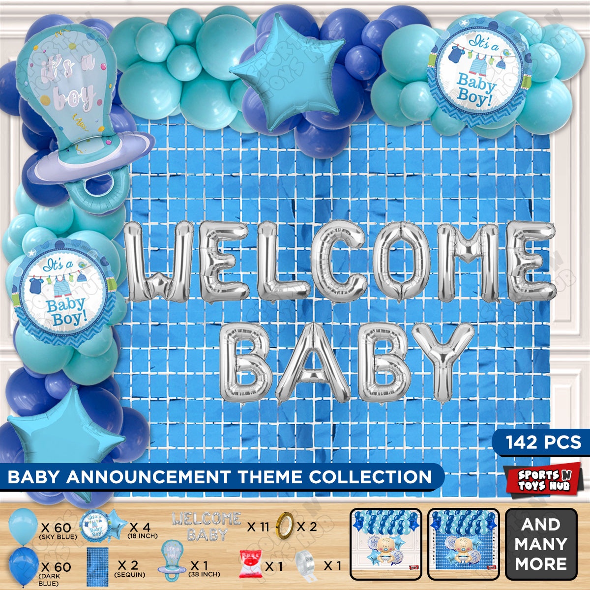 Pacifier Foil Balloon Set With Welcome Baby Foil Letter Dark Blue & Sky Blue Color Balloon Arch Theme - Pack Of 142