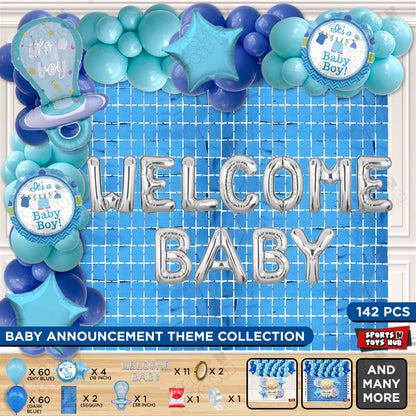 Pacifier Foil Balloon Set With Welcome Baby Foil Letter Dark Blue & Sky Blue Color Balloon Arch Theme - Pack Of 142