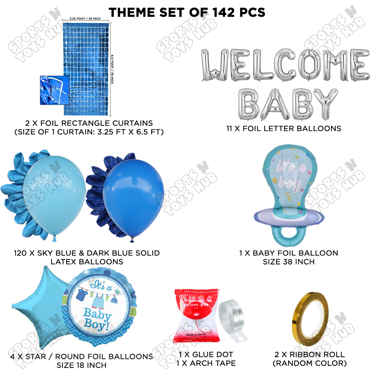 Pacifier Foil Balloon Set With Welcome Baby Foil Letter Dark Blue & Sky Blue Color Balloon Arch Theme - Pack Of 142