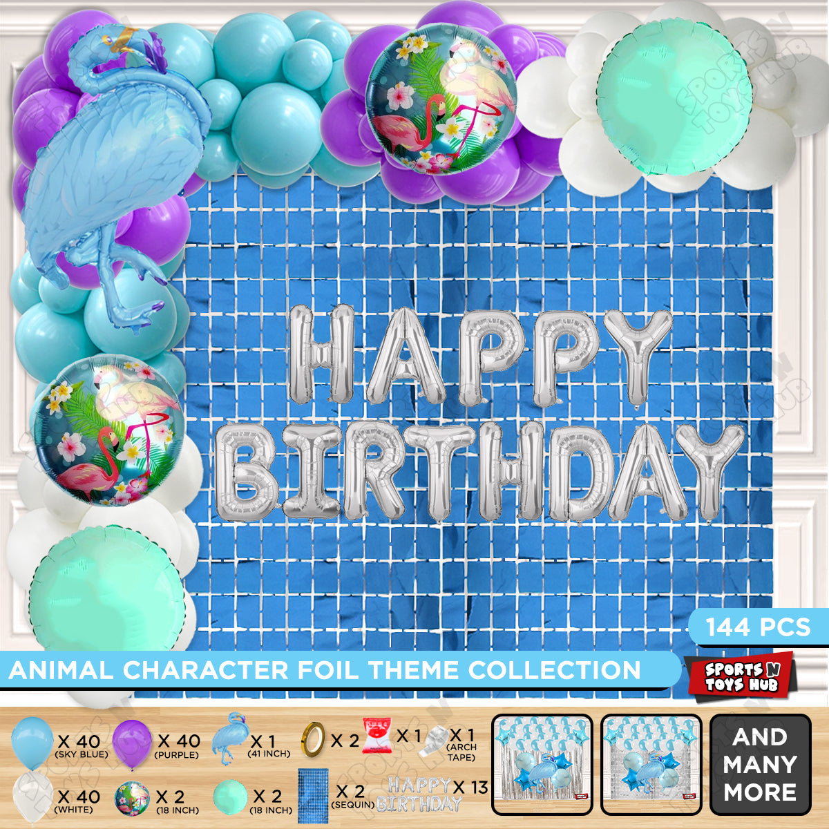 Flamingo Bird Blue Color Foil Balloon Set With Happy Birthday Foil Letters Arch Theme