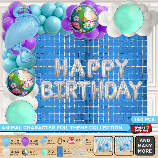 Flamingo Bird Blue Color Foil Balloon Set With Happy Birthday Foil Letters Arch Theme