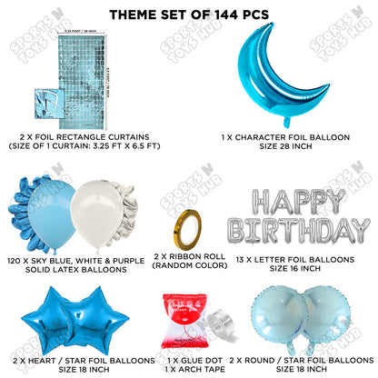 Crescent Moon Pacific Blue Color Foil Balloon Set With Happy Birthday Foil Letter Balloon Arch Theme