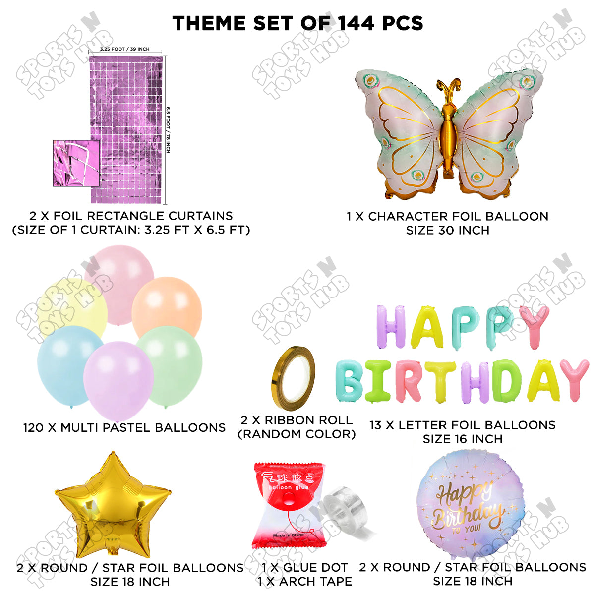 Butterfly Foil Wing Pattern Balloon With Happy Birthday Foil Letter Arch Theme - Pack Of 144