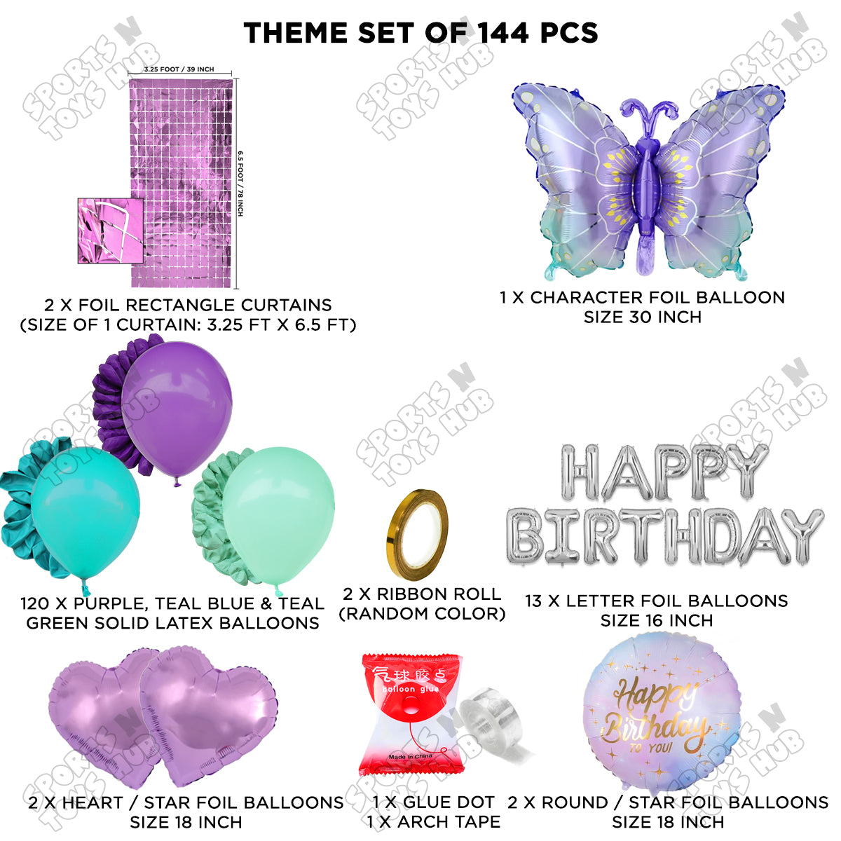 Gradient Blue & Purple Color Butterfly Foil Balloon With Happy Birthday Foil Letter Arch Theme - Pack Of 144