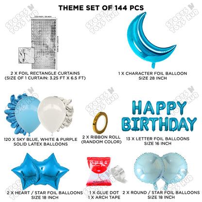 Crescent Moon Pacific Blue Color Foil Balloon Set With Happy Birthday Foil Letter Balloon Arch Theme