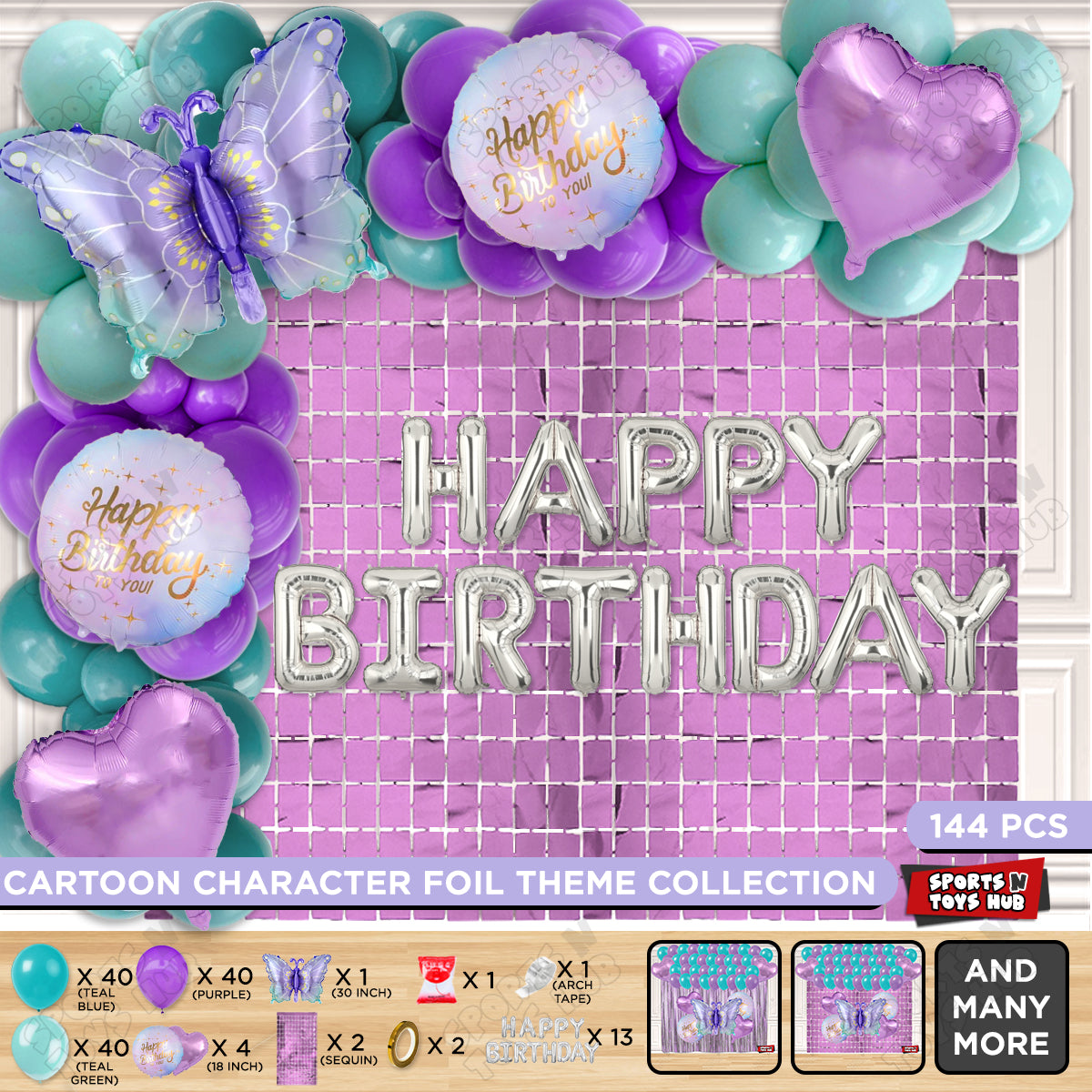 Gradient Blue & Purple Color Butterfly Foil Balloon With Happy Birthday Foil Letter Arch Theme - Pack Of 144
