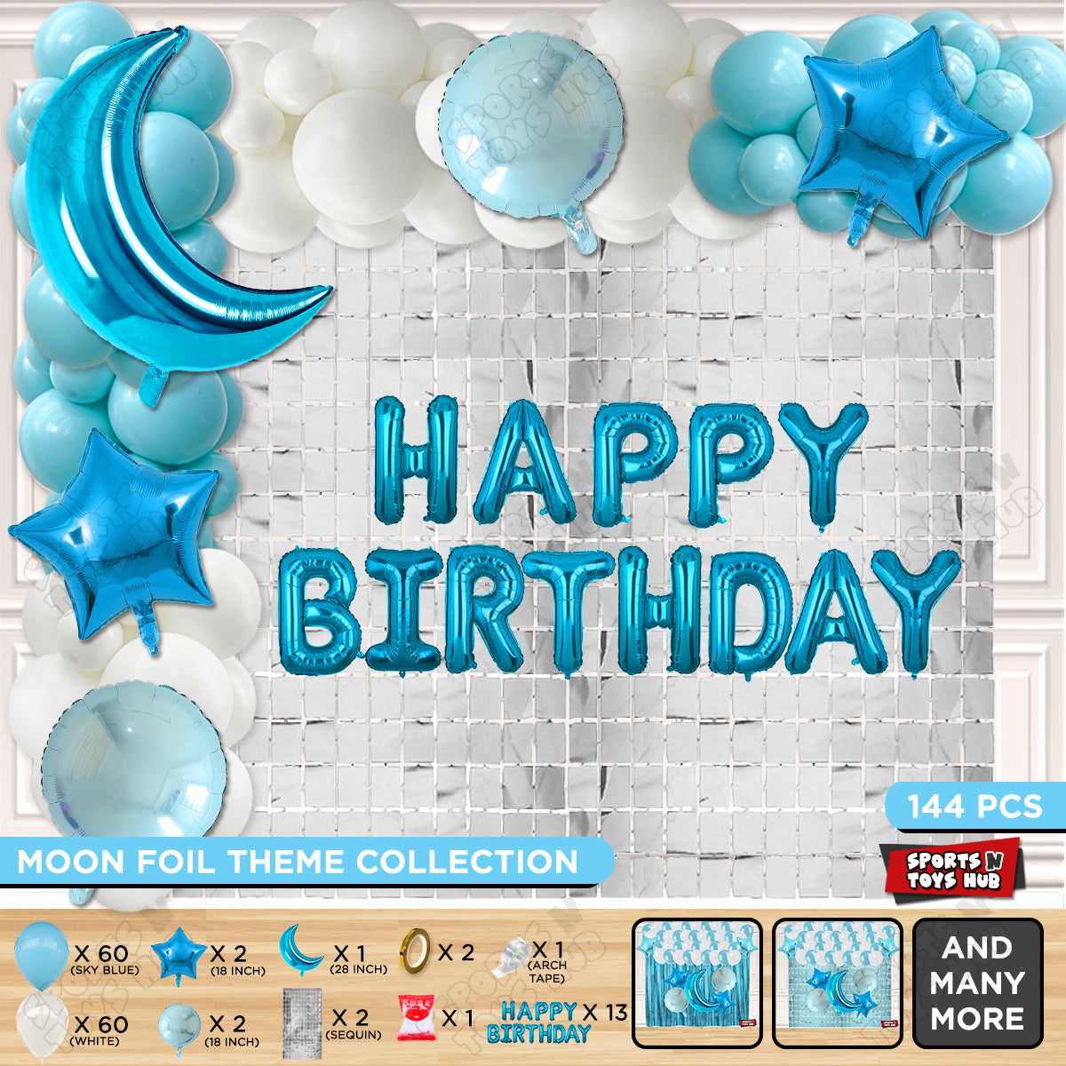 Crescent Moon Pacific Blue Color Foil Balloon Set With Happy Birthday Foil Letter Balloon Arch Theme