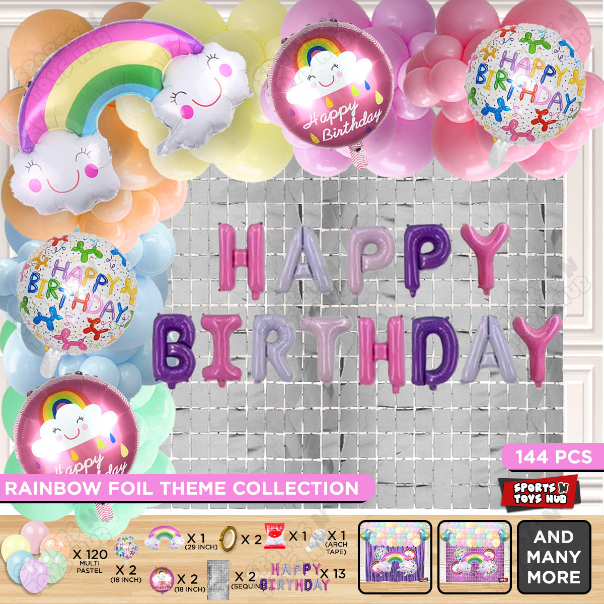 HBD Rainbow Foil Balloon Set With Happy Birthday Foil Letter Balloon Arch Theme