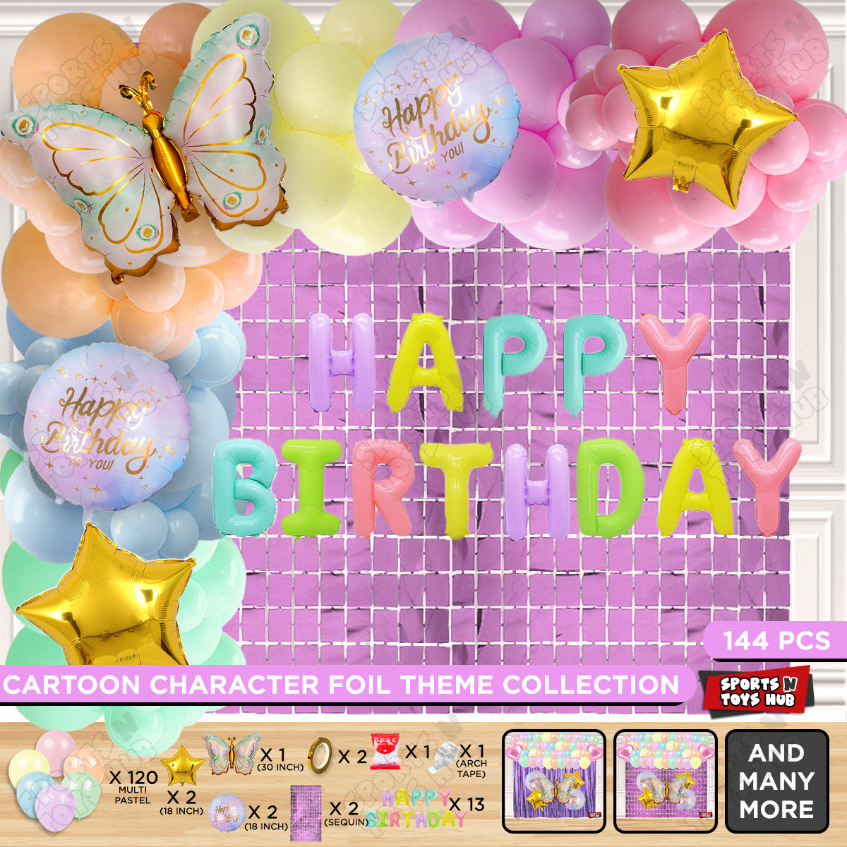 Butterfly Foil Wing Pattern Balloon With Happy Birthday Foil Letter Arch Theme - Pack Of 144