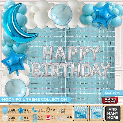 Crescent Moon Pacific Blue Color Foil Balloon Set With Happy Birthday Foil Letter Balloon Arch Theme