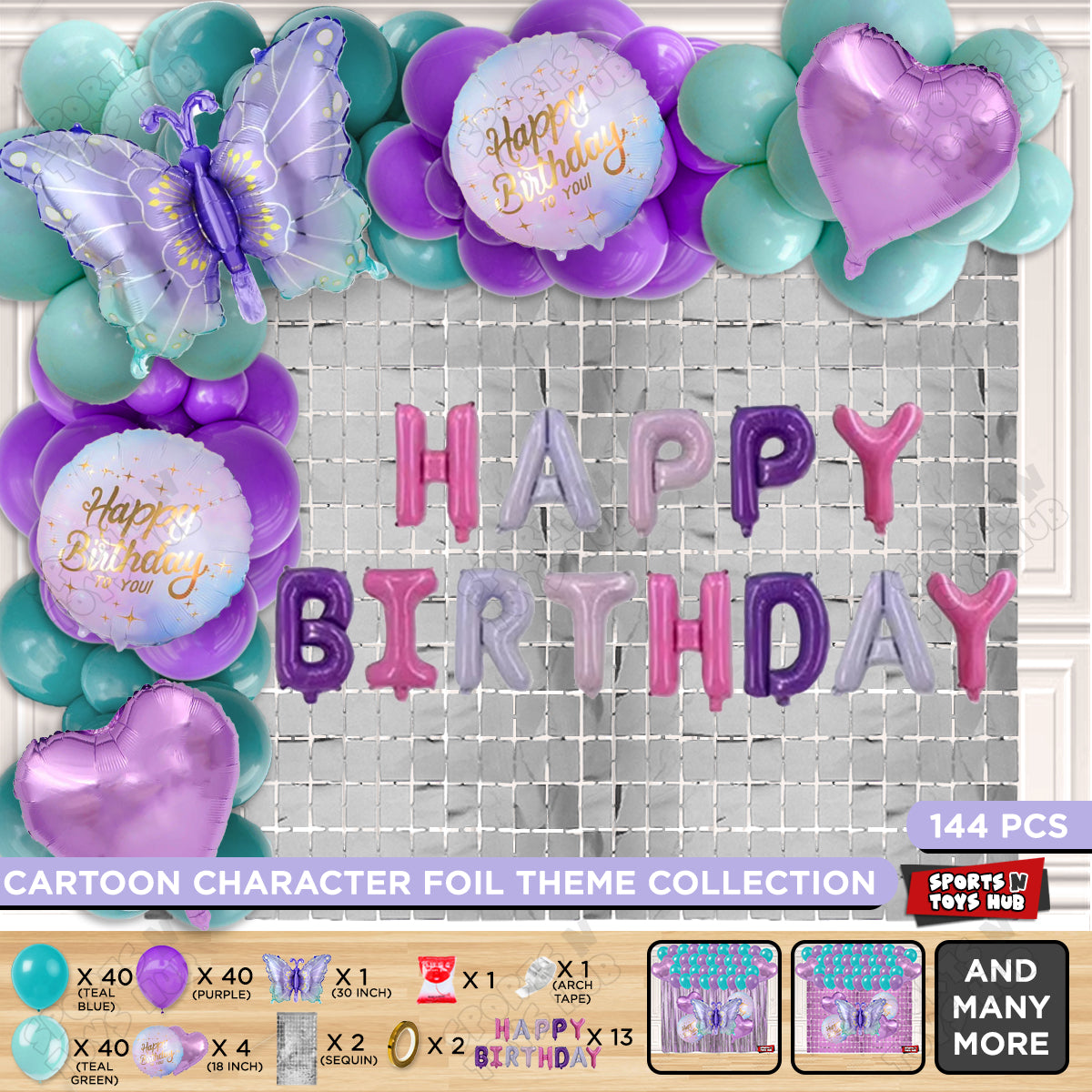 Gradient Blue & Purple Color Butterfly Foil Balloon With Happy Birthday Foil Letter Arch Theme - Pack Of 144