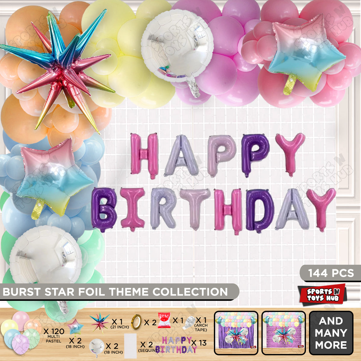 Brust Star Multi Color Foil Balloon Set With Happy Birthday Foil Letter Balloon Arch Theme
