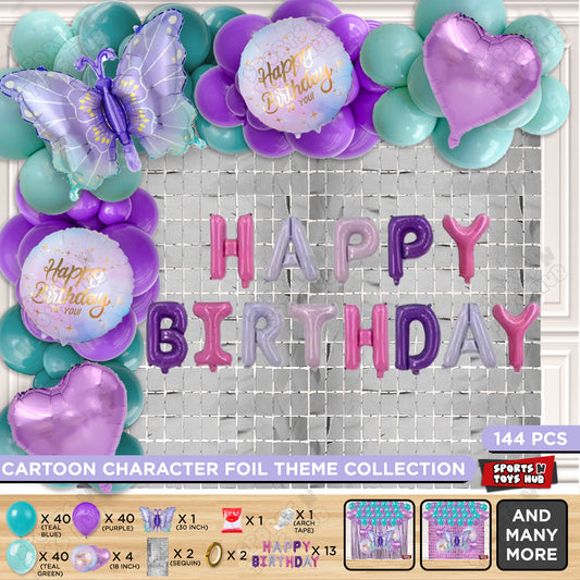 Gradient Blue & Purple Color Butterfly Foil Balloon With Happy Birthday Foil Letter Arch Theme - Pack Of 144