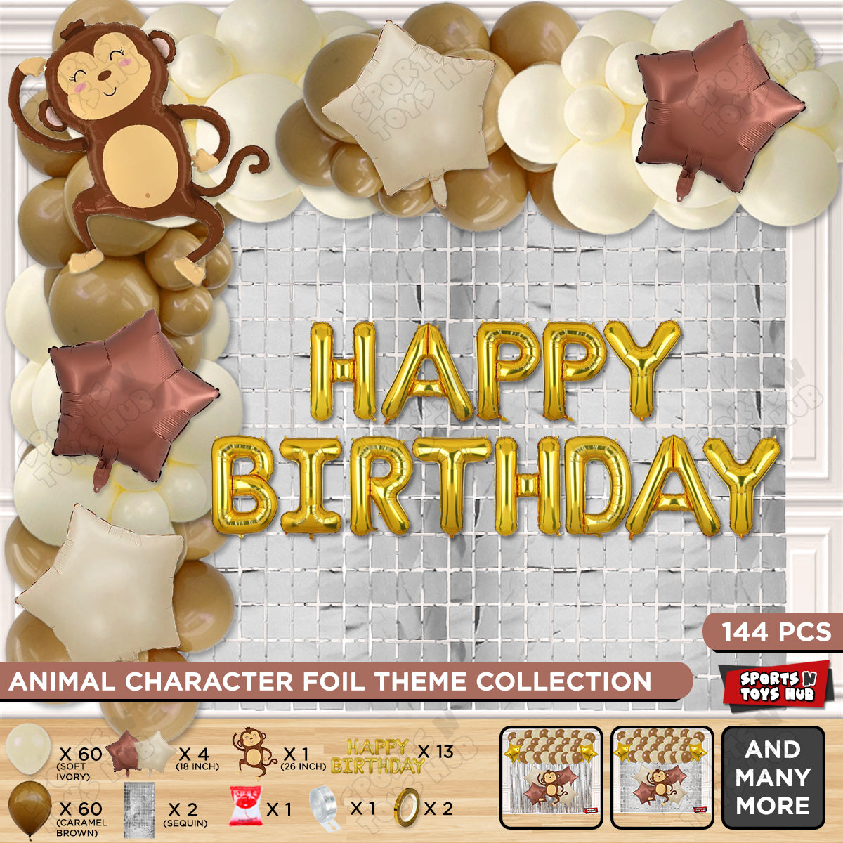 Jungle Safari Monkey Foil Balloon Set With Happy Birthday Foil Letter Arch Theme