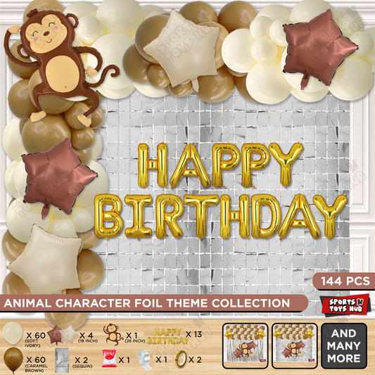 Jungle Safari Monkey Foil Balloon Set With Happy Birthday Foil Letter Arch Theme