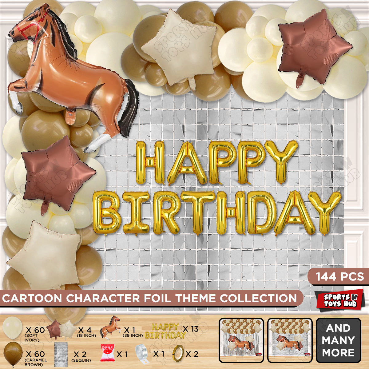 Cartoon Brown Horse Theme Foil Balloon Set with Happy Birthday Foil Letter Arch Theme