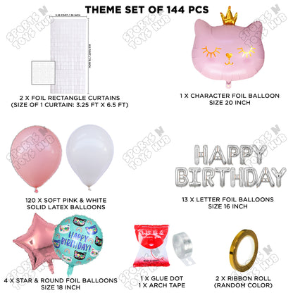Cartoon Crown Pink Kitten Cat Foil Balloon Set With Happy Birthday Foil Letter Arch Theme