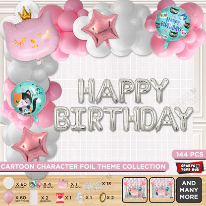 Cartoon Crown Pink Kitten Cat Foil Balloon Set With Happy Birthday Foil Letter Arch Theme