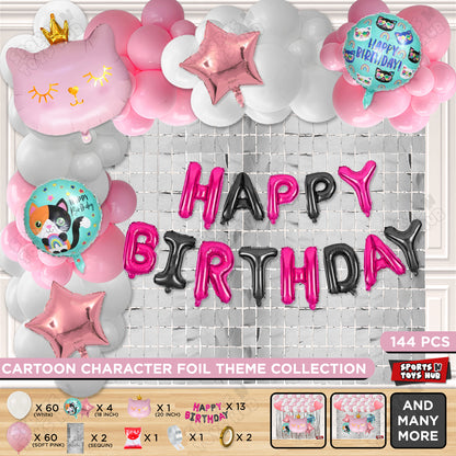 Cartoon Crown Pink Kitten Cat Foil Balloon Set With Happy Birthday Foil Letter Arch Theme
