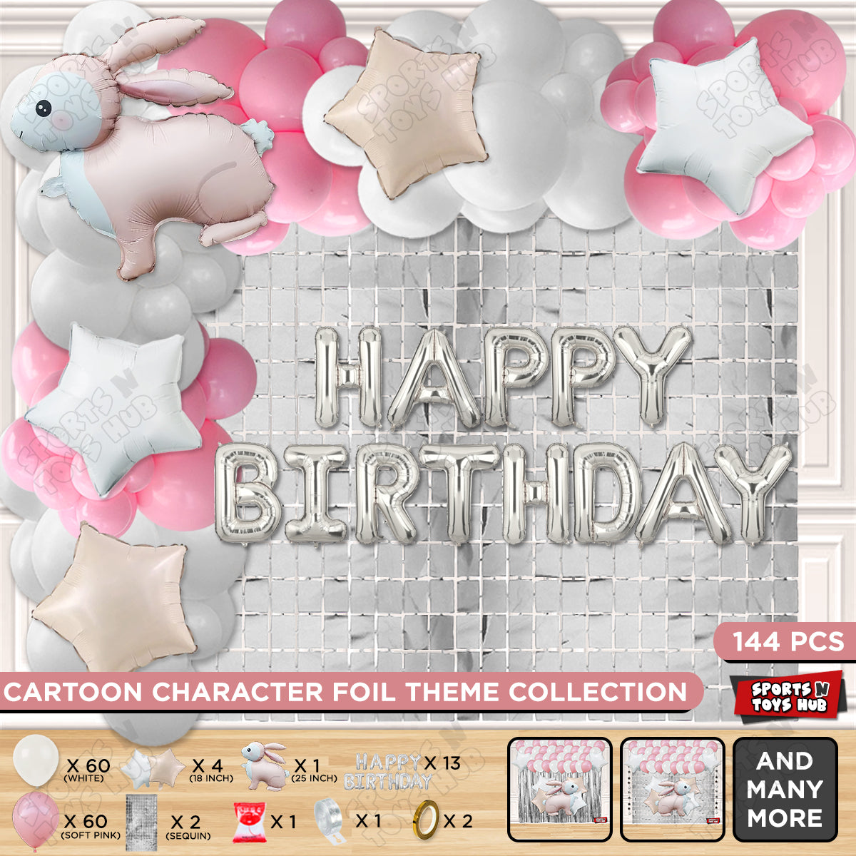 4D Standing Bunny Rabbit Character Foil Balloon With Happy Birthday Foil Letter Arch Theme