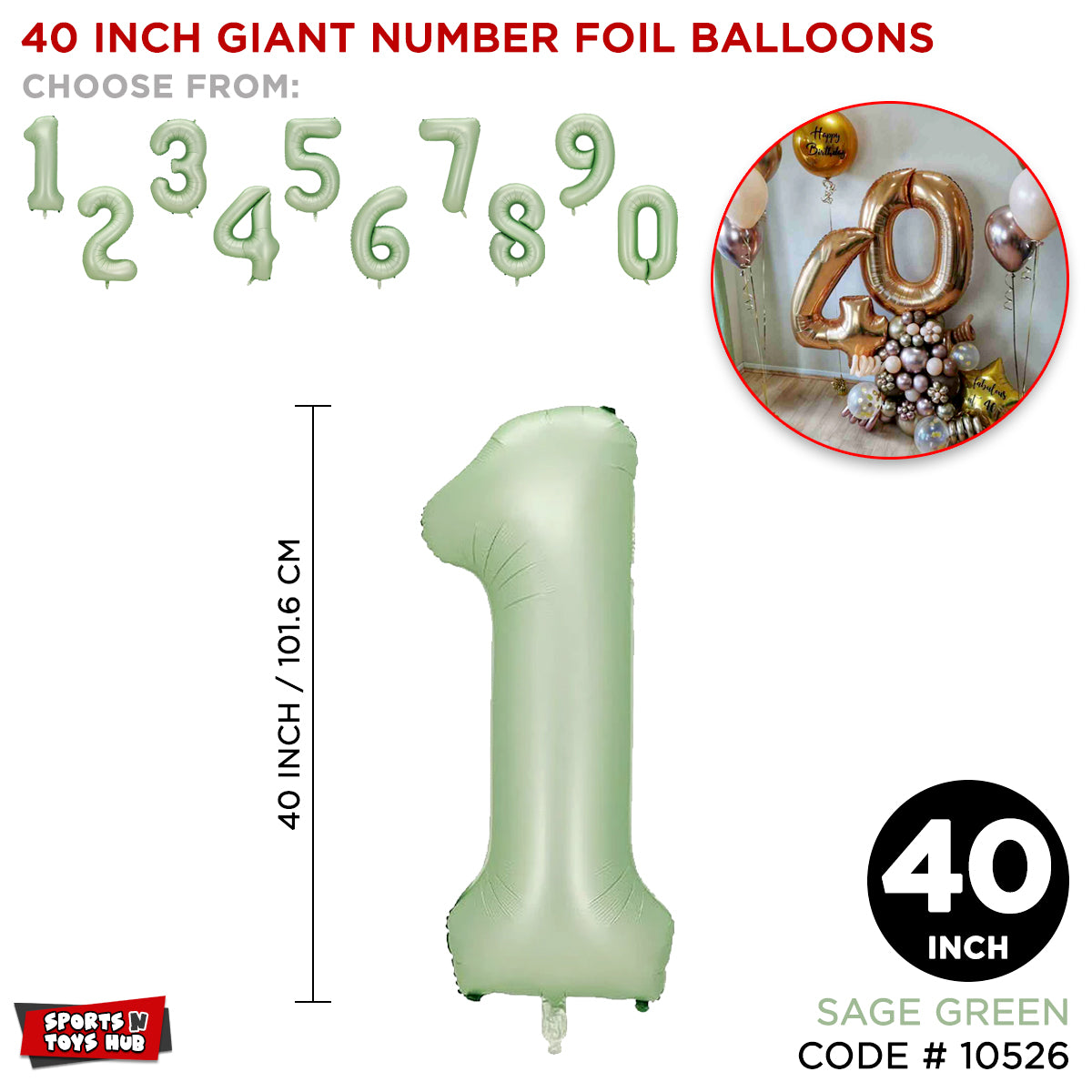 40 Inch Sage Green Number Foil Balloon Collection