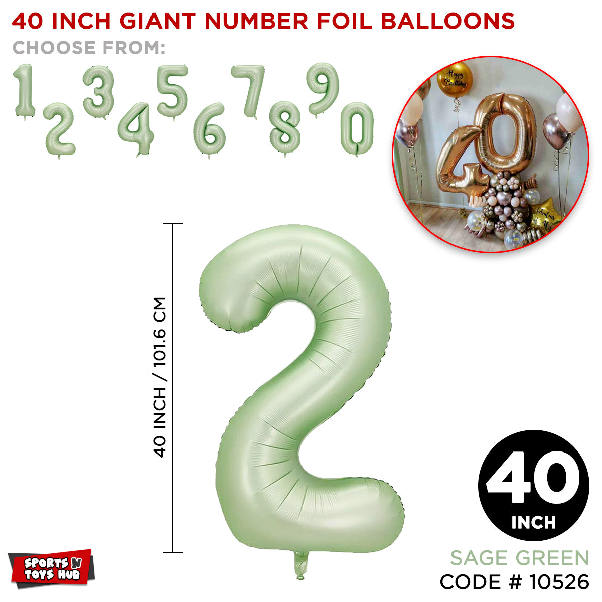 40 Inch Sage Green Number Foil Balloon Collection