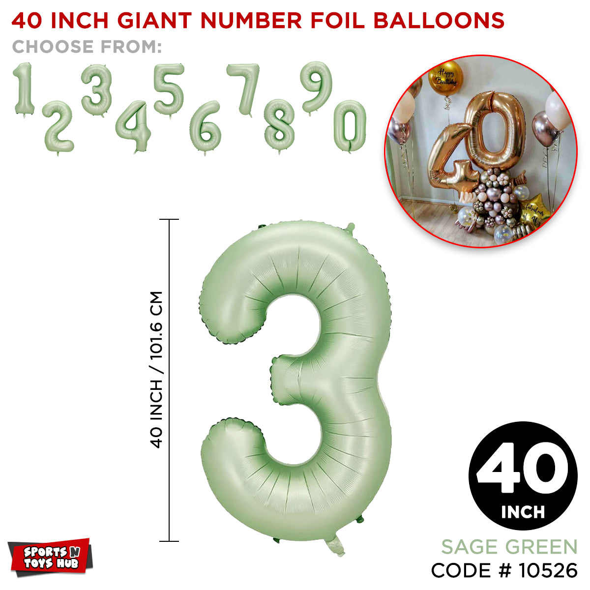 40 Inch Sage Green Number Foil Balloon Collection