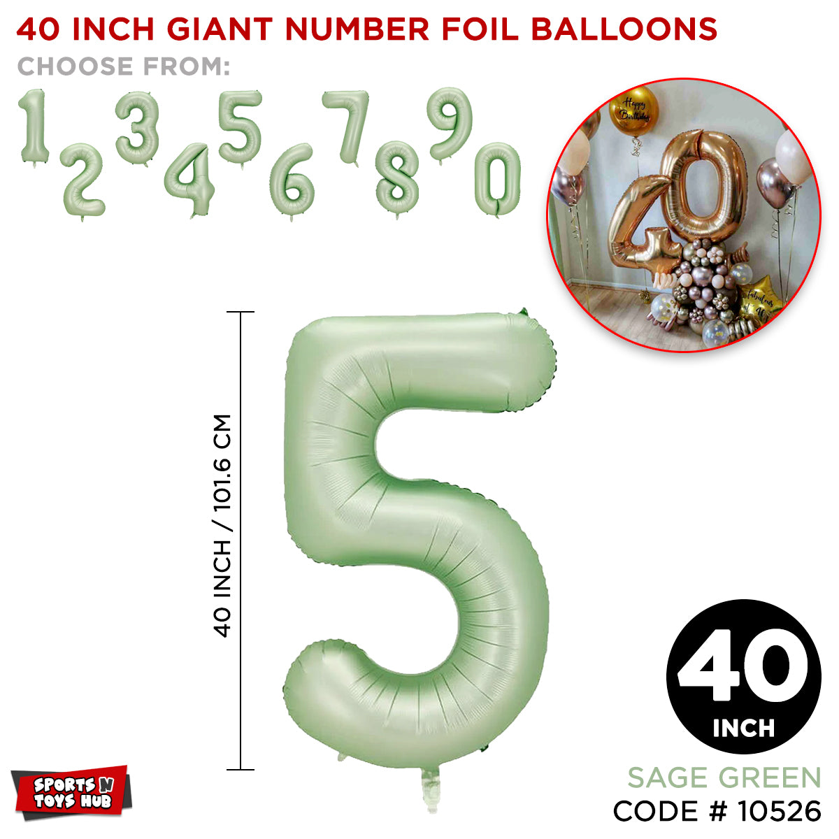 40 Inch Sage Green Number Foil Balloon Collection
