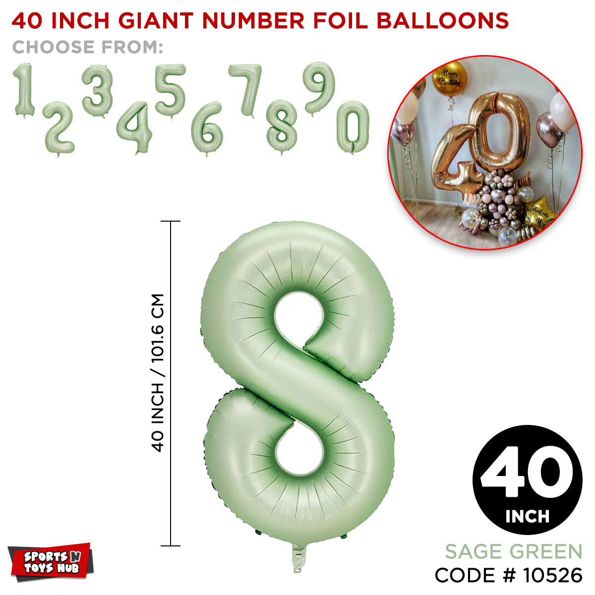 40 Inch Sage Green Number Foil Balloon Collection