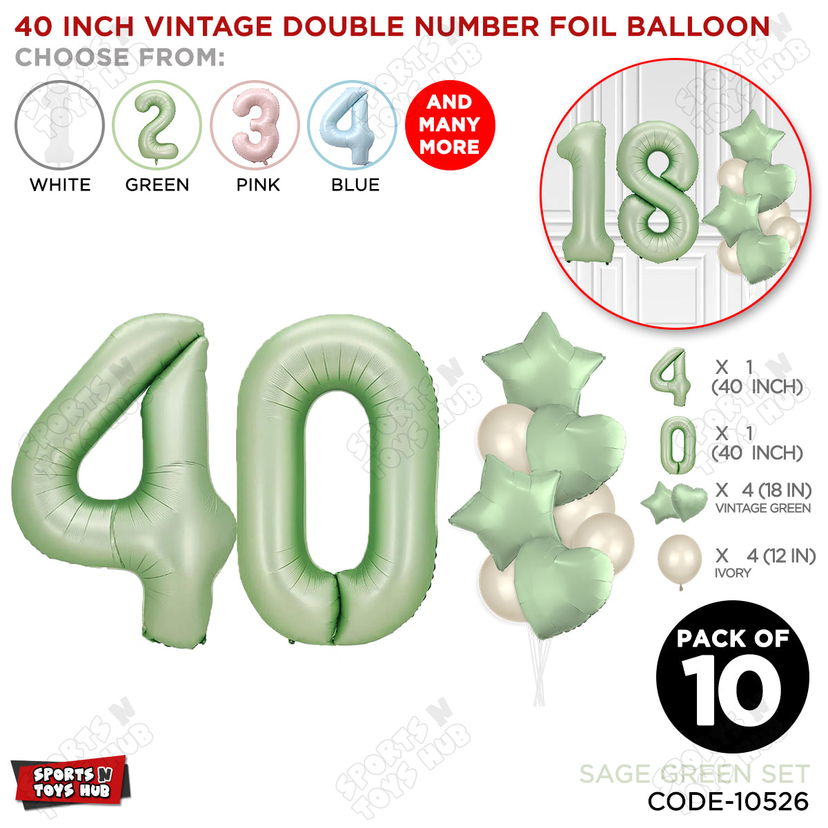 Sage Green Color 40 Inch Number Foil Balloon Set