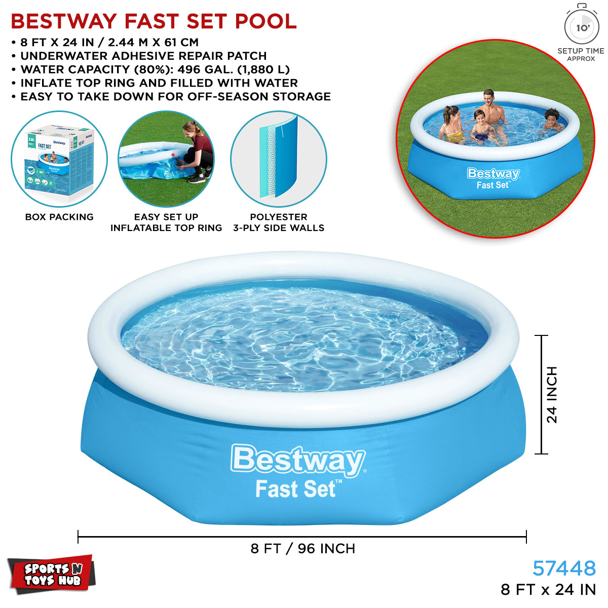 8 Ft Bestway Inflatable Fast Set Swimming Pool For Kids - 57448
