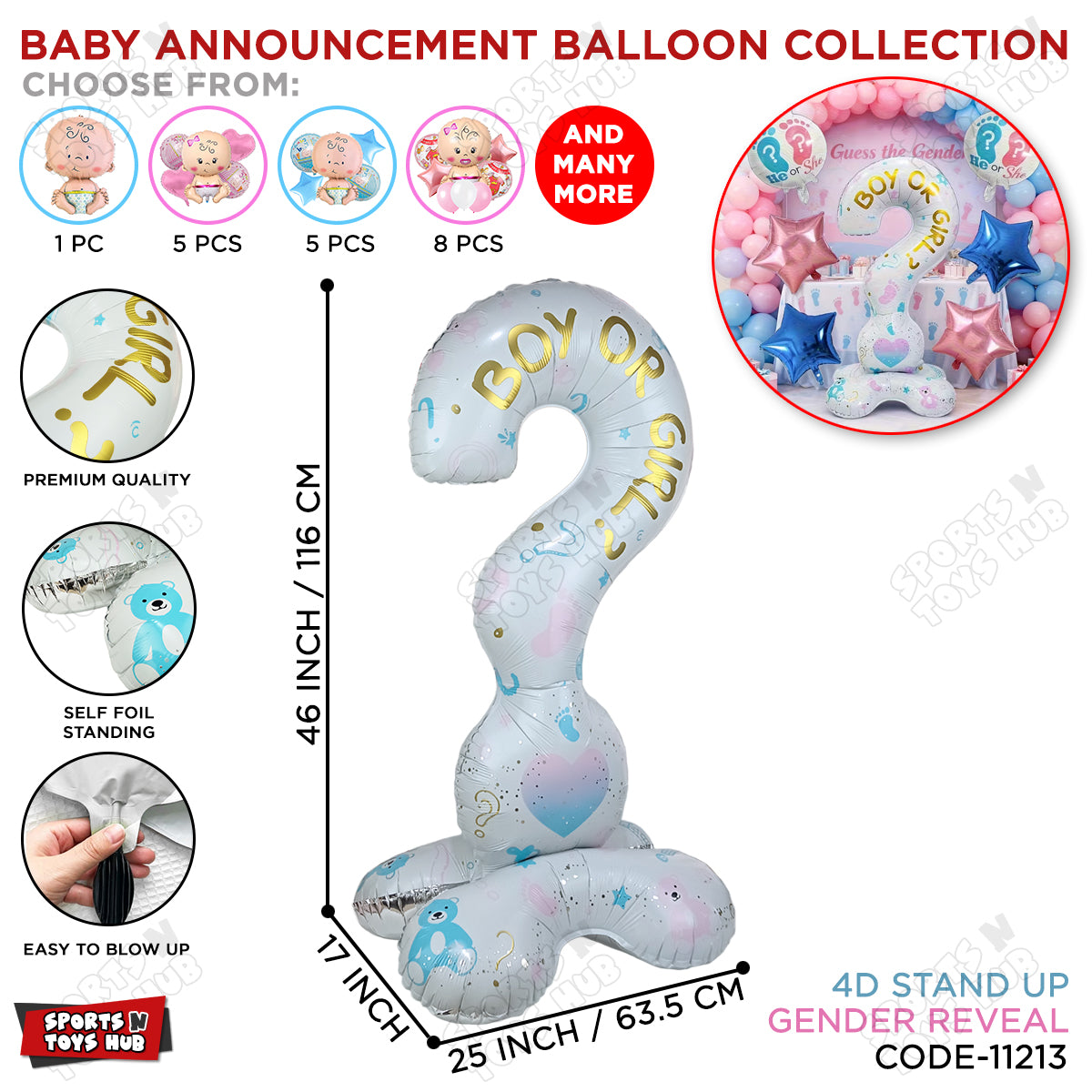 4D Super Jumbo Gender Reveal Foil Balloon Stand - 118x62 CM