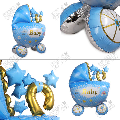 4D Super Jumbo Baby Boy Stroller Foil Balloon Stand - 104x85 CM