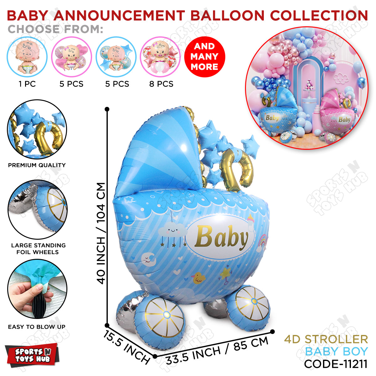 4D Super Jumbo Baby Boy Stroller Foil Balloon Stand - 104x85 CM