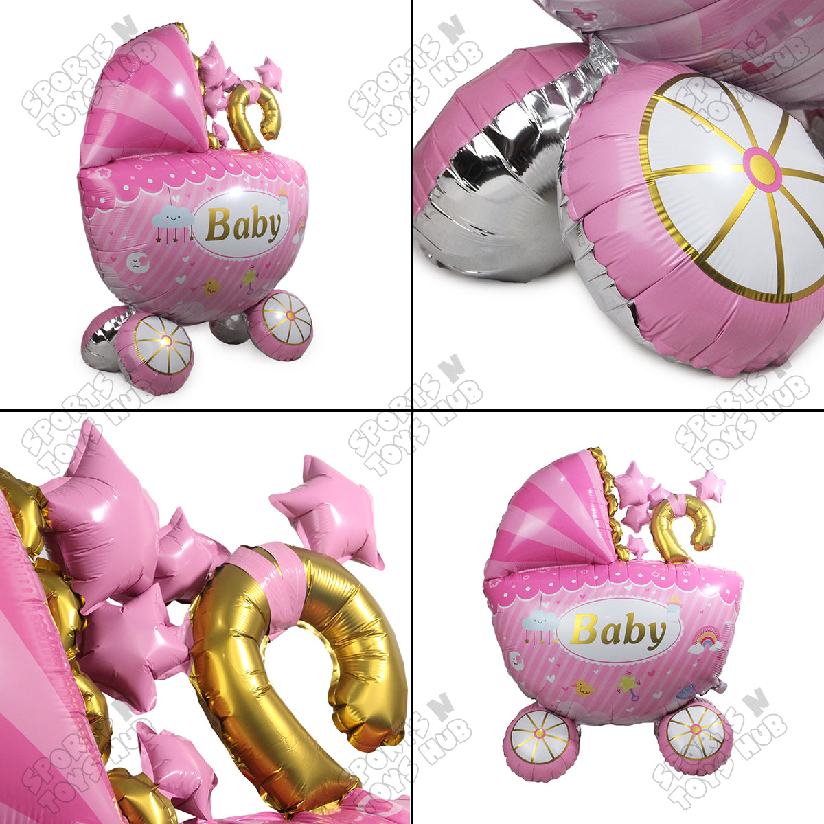 4D Super Jumbo Baby Girl Stroller Foil Balloon Stand - 104x85 CM