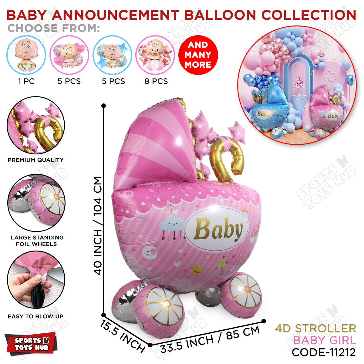 4D Super Jumbo Baby Girl Stroller Foil Balloon Stand - 104x85 CM