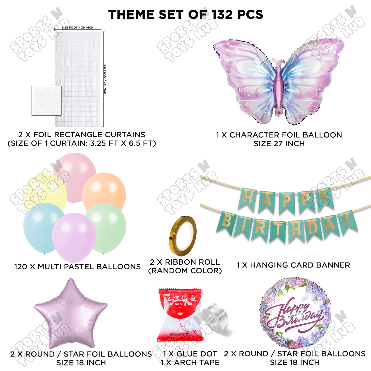 Butterfly Foil Balloon Set With Happy Birthday Card Banner Arch Theme - Pack Of 132