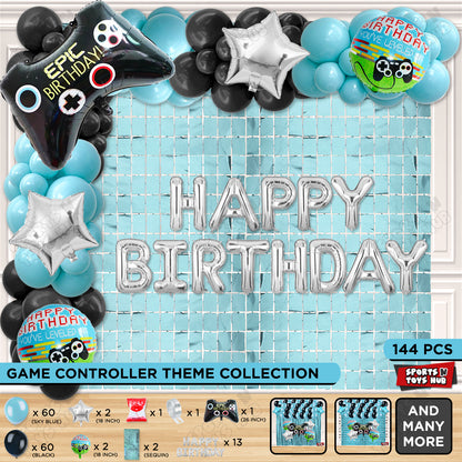 Game Controller Foil Balloon Set With Happy Birthday Foil Letter Arch Theme - Blue & Black