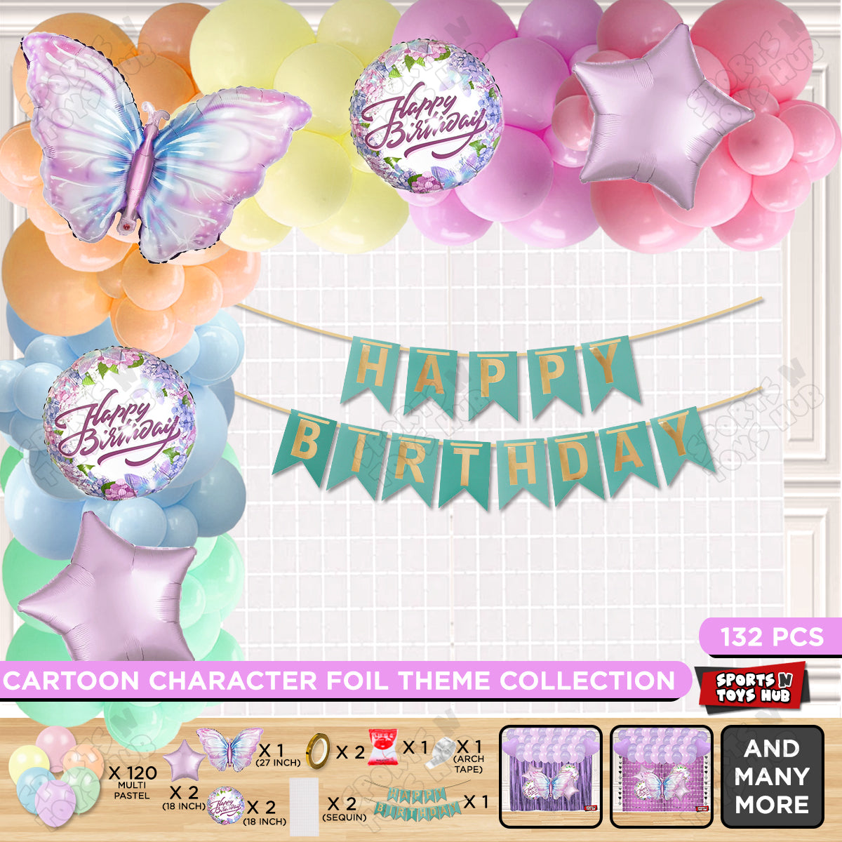 Butterfly Foil Balloon Set With Happy Birthday Card Banner Arch Theme - Pack Of 132
