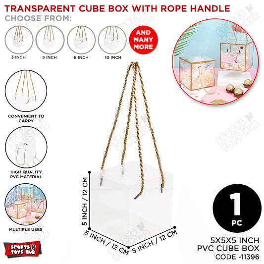 5x5x5 Inch Transparent PVC Plastic Sheet Cube Box With Rope Handle - 1 Pc