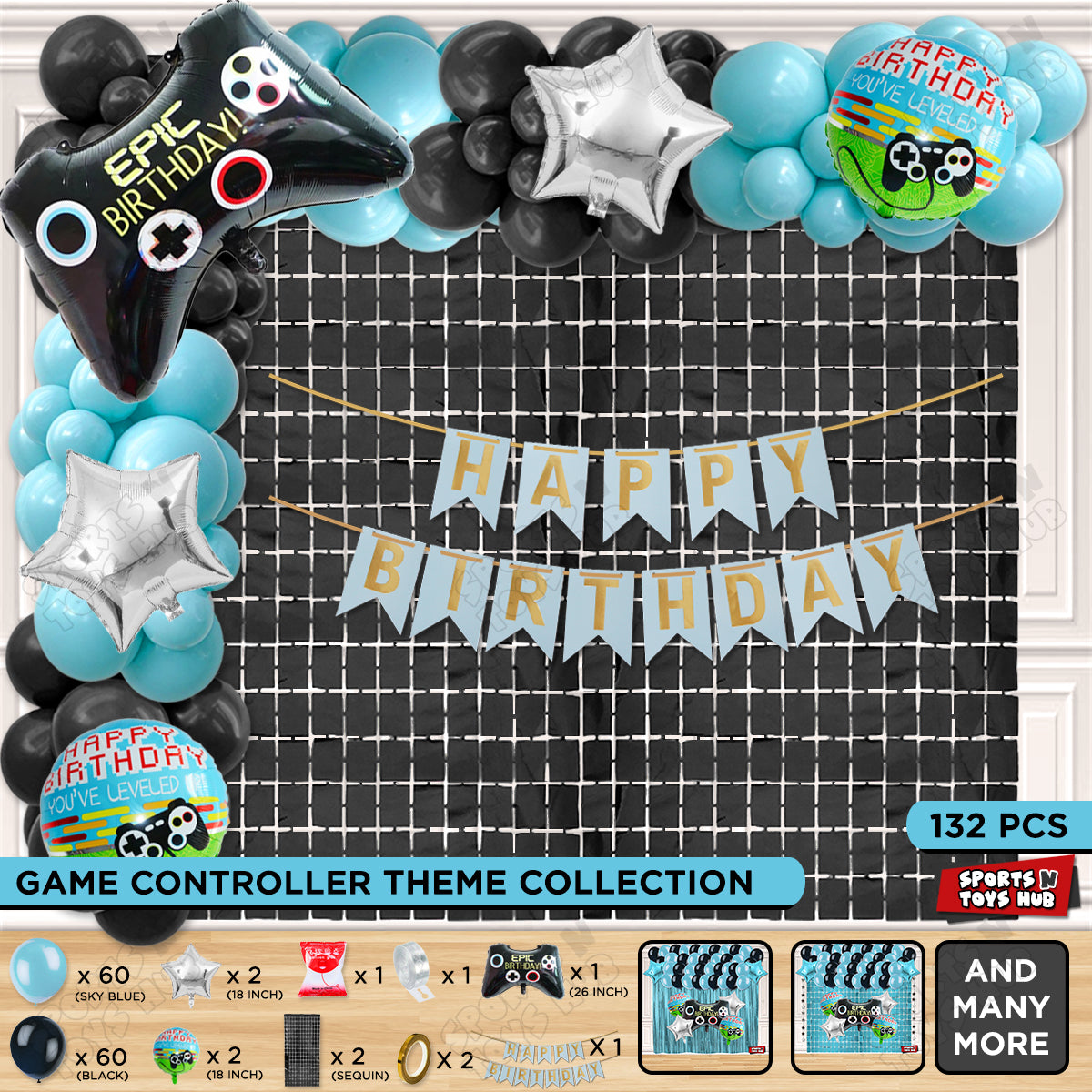 Game Controller Foil Balloon Set With HBD Card Banner Arch Theme - Blue & Black