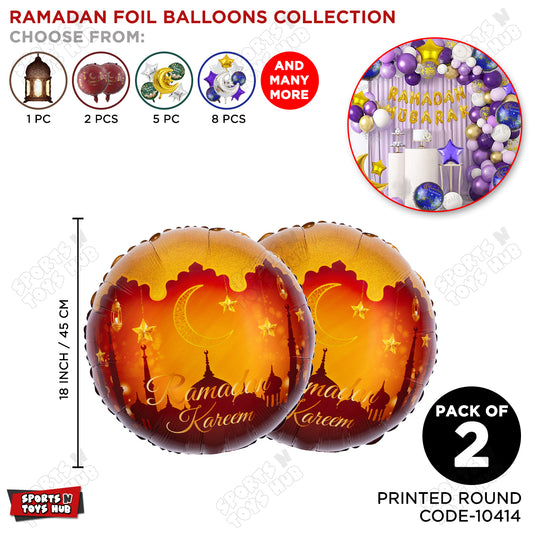 Ramadan Kareem Printed Crescent Moon & Star Design Round Foil Balloon - Pack Of 2