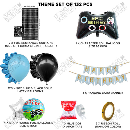 Game Controller Foil Balloon Set With HBD Card Banner Arch Theme - Blue & Black